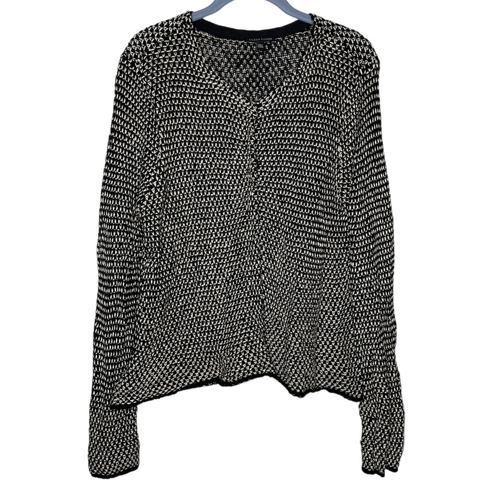 Eileen Fisher cardigan sweater organic linen cotton birdseye knit large black